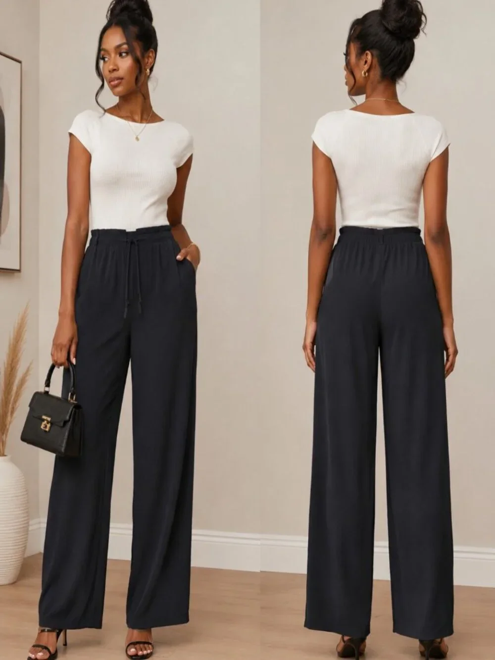 Chaus Women's Black Wide Leg Pull-on Classic Dress pants Size 14 Full Length.